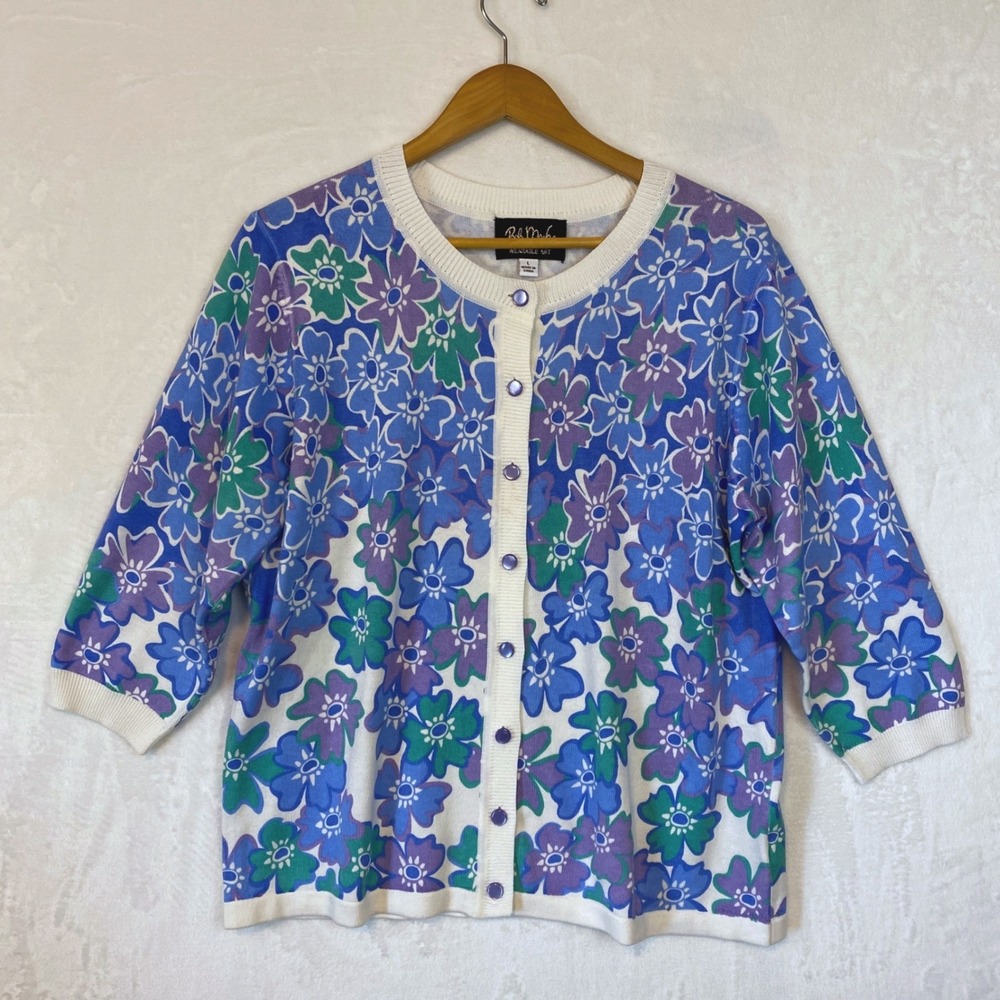 Bob Mackie‎ Wearable Art Women Multicolor Floral Button Cardigan Sweater Size L